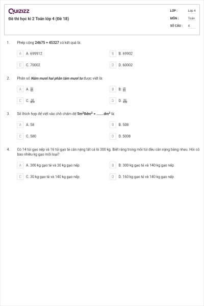 Đề thi học kì 2 Toán lớp 4 (Đề 18)