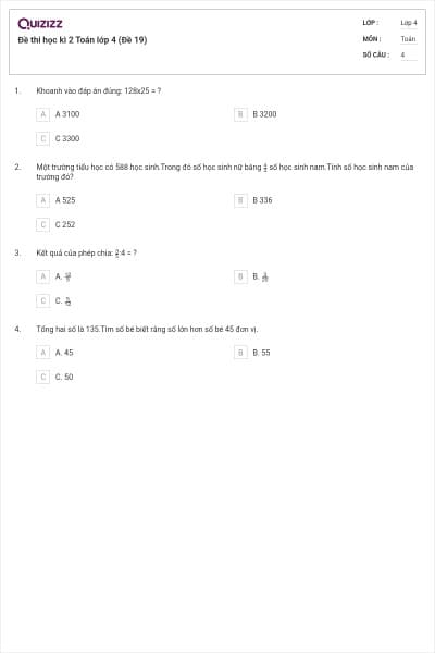 Đề thi học kì 2 Toán lớp 4 (Đề 19)