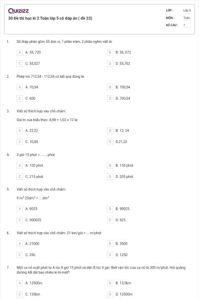 30 Đề thi học kì 2 Toán lớp 5 có đáp án ( đề 23)