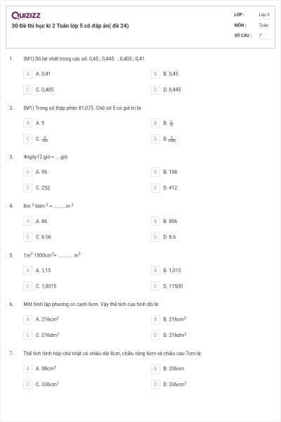 30 Đề thi học kì 2 Toán lớp 5 có đáp án( đề 24)