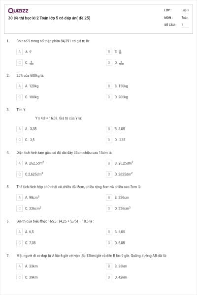 30 Đề thi học kì 2 Toán lớp 5 có đáp án( đề 25)