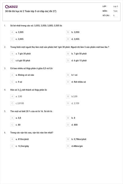 30 Đề thi học kì 2 Toán lớp 5 có đáp án( đề 27)
