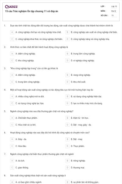 15 câu Trắc nghiệm Ôn tập chương 11 có đáp án