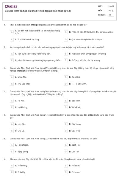 Bộ 6  Đề kiểm tra học kì 2 Địa lí 12 có đáp án (Mới nhất) (Đề 3)