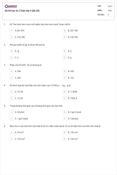 Đề thi học kì 2 Toán lớp 4 (Đề 20)