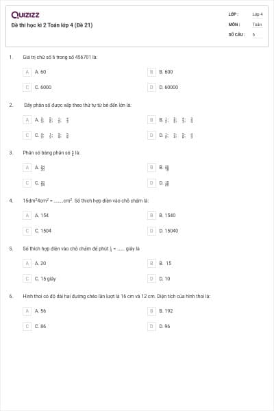 Đề thi học kì 2 Toán lớp 4 (Đề 21)