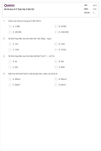 Đề thi học kì 2 Toán lớp 4 (Đề 22)
