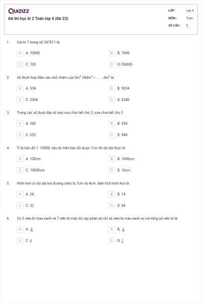 Đề thi học kì 2 Toán lớp 4 (Đề 23)
