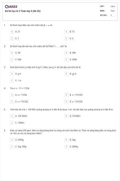 Đề thi học kì 2 Toán lớp 4 (Đề 26)