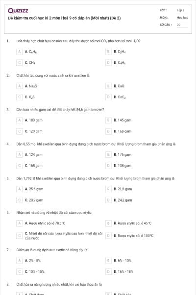 Đề kiểm tra cuối học kì 2 môn Hoá 9 có đáp án (Mới nhất) (Đề 2)