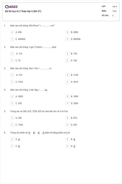 Đề thi học kì 2 Toán lớp 4 (Đề 27)