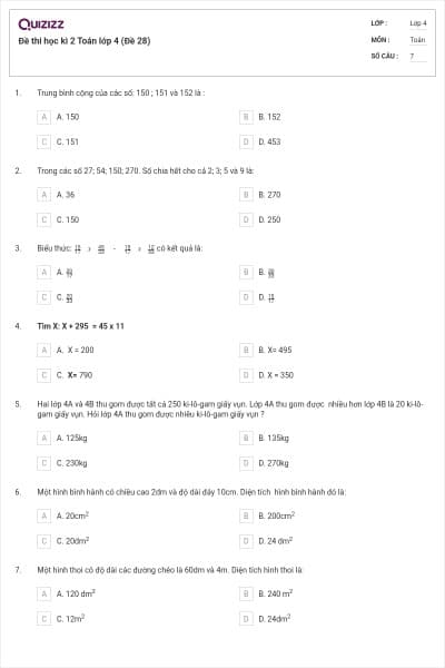 Đề thi học kì 2 Toán lớp 4 (Đề 28)