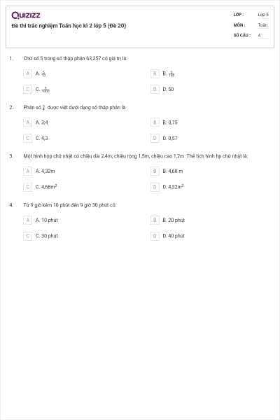 Đề thi trắc nghiệm Toán học kì 2 lớp 5 (Đề 20)