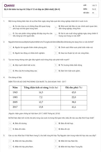 Bộ 6  Đề kiểm tra học kì 2 Địa lí 12 có đáp án (Mới nhất) (Đề 4)