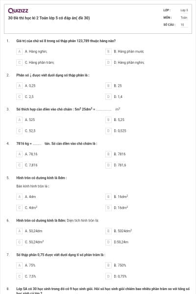 30 Đề thi học kì 2 Toán lớp 5 có đáp án( đề 30)