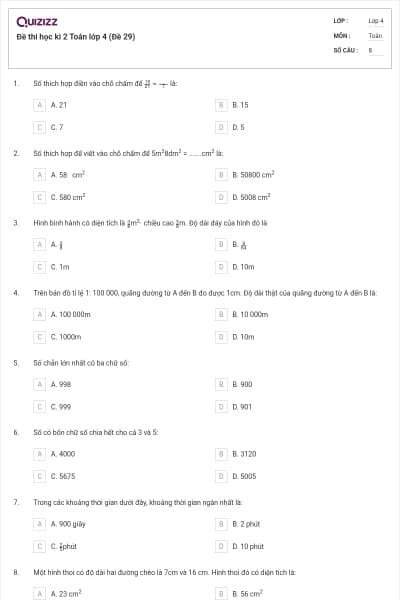Đề thi học kì 2 Toán lớp 4 (Đề 29)