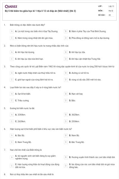 Bộ 5 Đề kiểm tra giữa học kì 1 Địa lí 12 có đáp án (Mới nhất) (Đề 3)