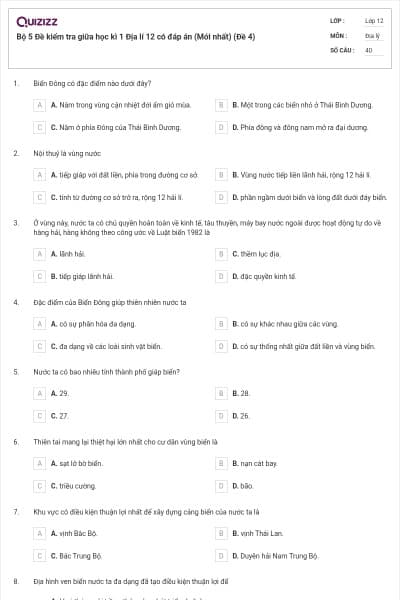 Bộ 5  Đề kiểm tra giữa học kì 1 Địa lí 12 có đáp án (Mới nhất) (Đề 4)