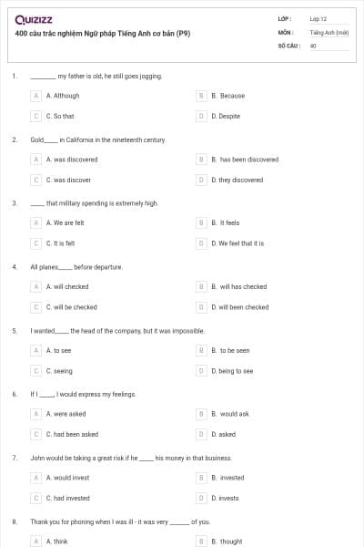 400 câu trắc nghiệm Ngữ pháp Tiếng Anh cơ bản (P9)