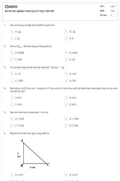 Đề thi trắc nghiệm Toán học kì 2 lớp 5 (Đề 28)