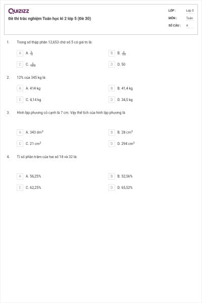 Đề thi trắc nghiệm Toán học kì 2 lớp 5 (Đề 30)