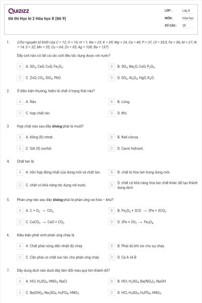 Đề thi Học kì 2 Hóa học 8 (Đề 9)