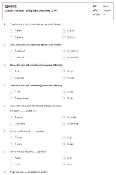 Đề kiểm tra cuối kì I Tiếng Anh 8 (Mới nhất) - Đề 9