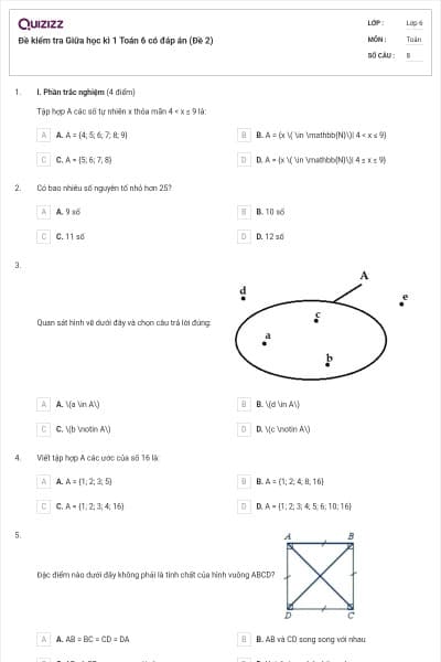Đề kiểm tra Giữa học kì 1 Toán 6 có đáp án (Đề 2)