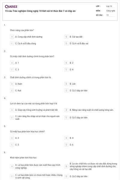 15 câu Trắc nghiệm Công nghệ 10 Kết nối tri thức Bài 7 có đáp án