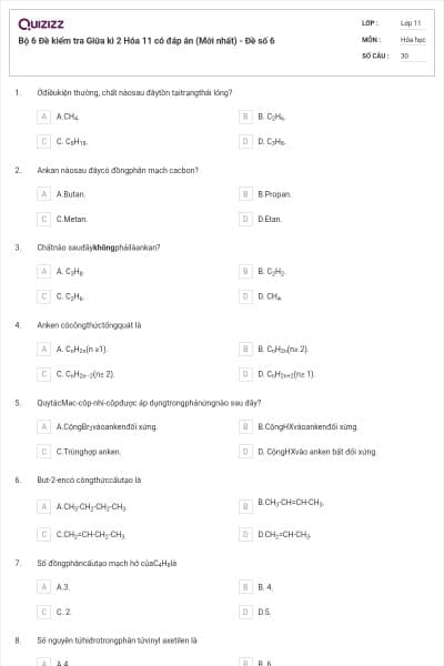 Bộ 6 Đề kiểm tra Giữa kì 2 Hóa 11 có đáp án (Mới nhất) - Đề số 6