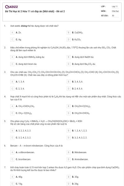 Đề Thi Học kì 2 Hóa 11 có đáp án (Mới nhất) - Đề số 2