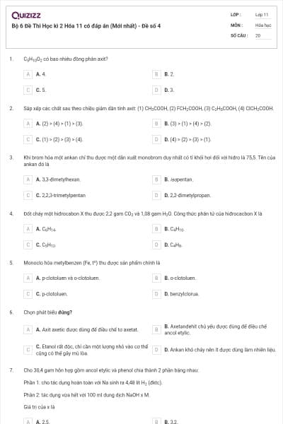 Bộ 6 Đề Thi Học kì 2 Hóa 11 có đáp án (Mới nhất) - Đề số  4