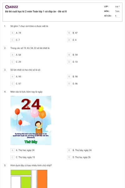 Đề thi cuối học kì 2 môn Toán lớp 1 có đáp án - Đề số 8