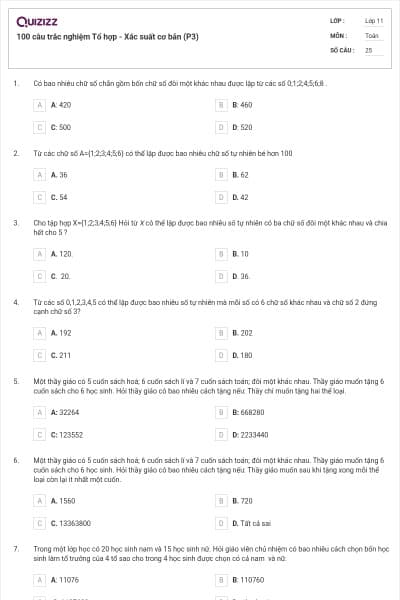 100 câu trắc nghiệm Tổ hợp - Xác suất cơ bản (P3)