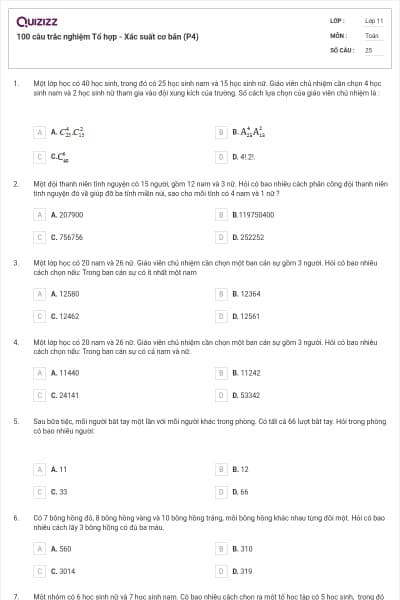 100 câu trắc nghiệm Tổ hợp - Xác suất cơ bản (P4)