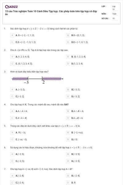 15 câu Trắc nghiệm Toán 10 Cánh Diều Tập hợp. Các phép toán trên tập hợp có đáp án