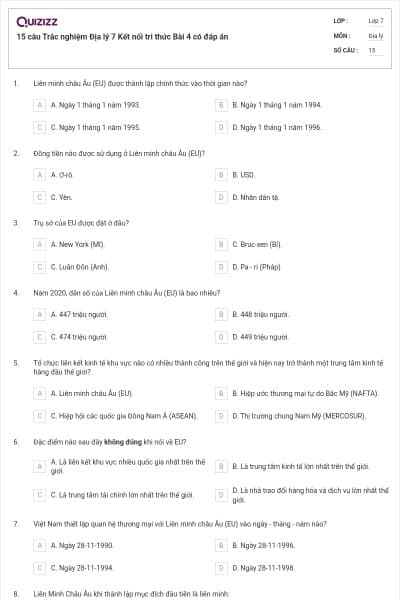 15 câu Trắc nghiệm Địa lý 7 Kết nối tri thức Bài 4 có đáp án