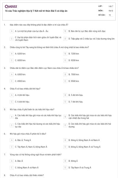 16 câu Trắc nghiệm Địa lý 7 Kết nối tri thức Bài 5 có đáp án