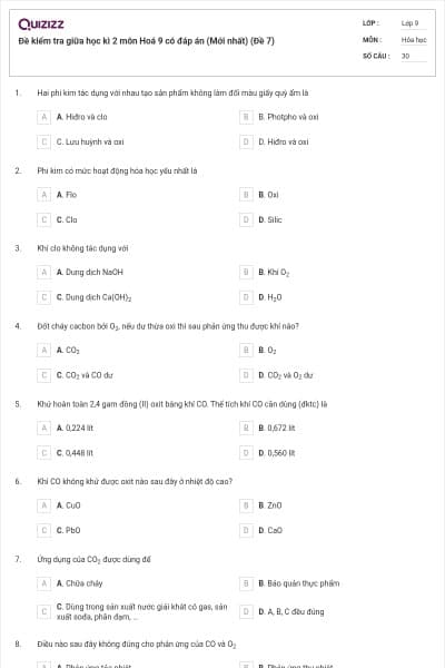 Đề kiểm tra giữa học kì 2 môn Hoá 9 có đáp án (Mới nhất) (Đề 7)