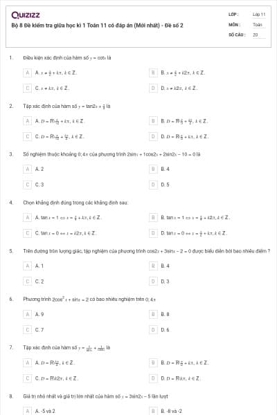 Bộ 8  Đề kiểm tra giữa học kì 1 Toán 11 có đáp án (Mới nhất) - Đề số 2