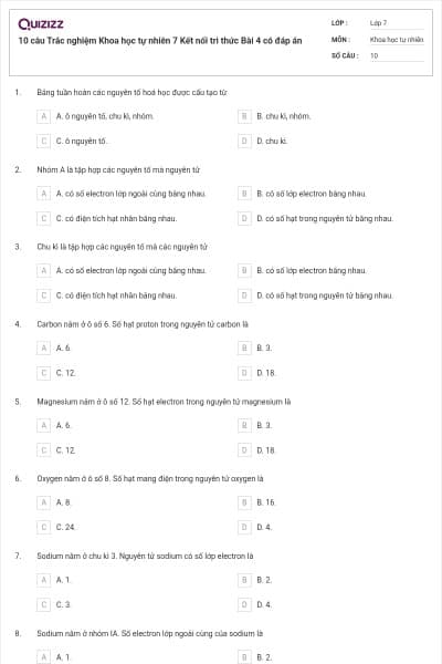 10 câu Trắc nghiệm Khoa học tự nhiên 7 Kết nối tri thức Bài 4 có đáp án