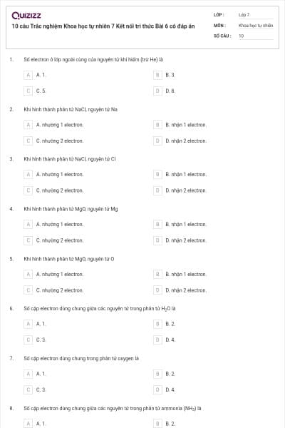 10 câu Trắc nghiệm Khoa học tự nhiên 7 Kết nối tri thức Bài 6 có đáp án