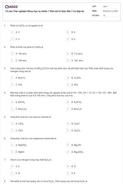 10 câu Trắc nghiệm Khoa học tự nhiên 7 Kết nối tri thức Bài 7 có đáp án
