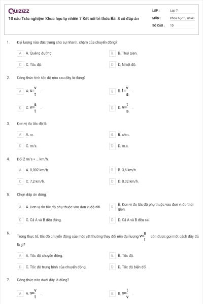 10 câu Trắc nghiệm Khoa học tự nhiên 7 Kết nối tri thức Bài 8 có đáp án