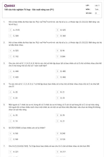 100 câu trắc nghiệm Tổ hợp - Xác suất nâng cao (P1)