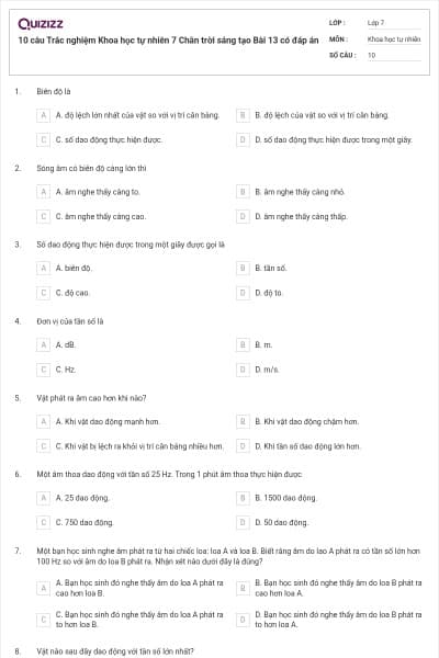 10 câu Trắc nghiệm Khoa học tự nhiên 7 Chân trời sáng tạo Bài 13 có đáp án