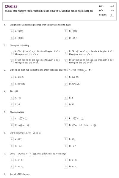 15 câu Trắc nghiệm Toán 7 Cánh diều Bài 1: Số vô tỉ. Căn bậc hai số học có đáp án