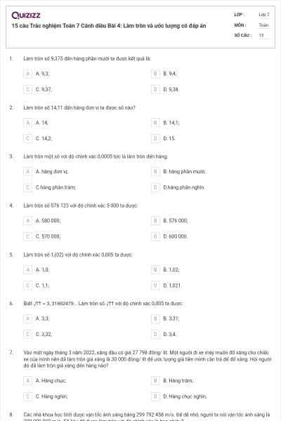 15 câu Trắc nghiệm Toán 7 Cánh diều Bài 4: Làm tròn và ước lượng có đáp án