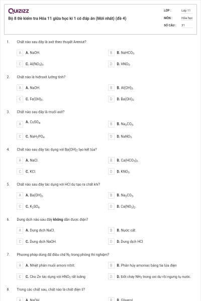 Bộ 8 Đề kiểm tra Hóa 11 giữa học kì 1 có đáp án (Mới nhất) (đề 4)