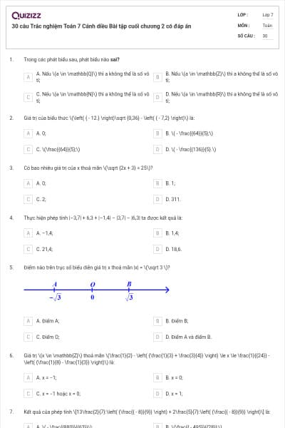 30 câu Trắc nghiệm Toán 7 Cánh diều Bài tập cuối chương 2 có đáp án